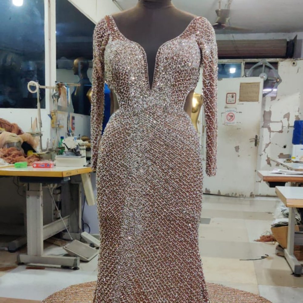 Darius Cordell - nude long sleeve plus size beaded formal wedding dress